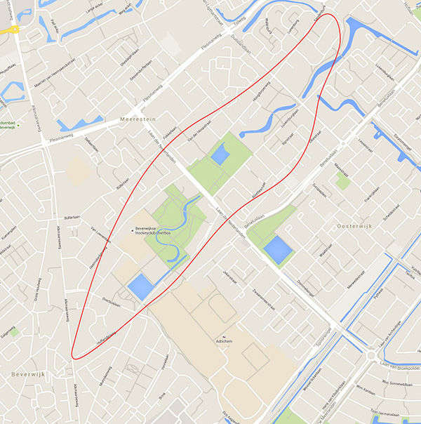 afb.9: De omtrek van de geest Hofland is bij benadering weergegeven op de huidige plattegrond van Beverwijk en Heemskerk
